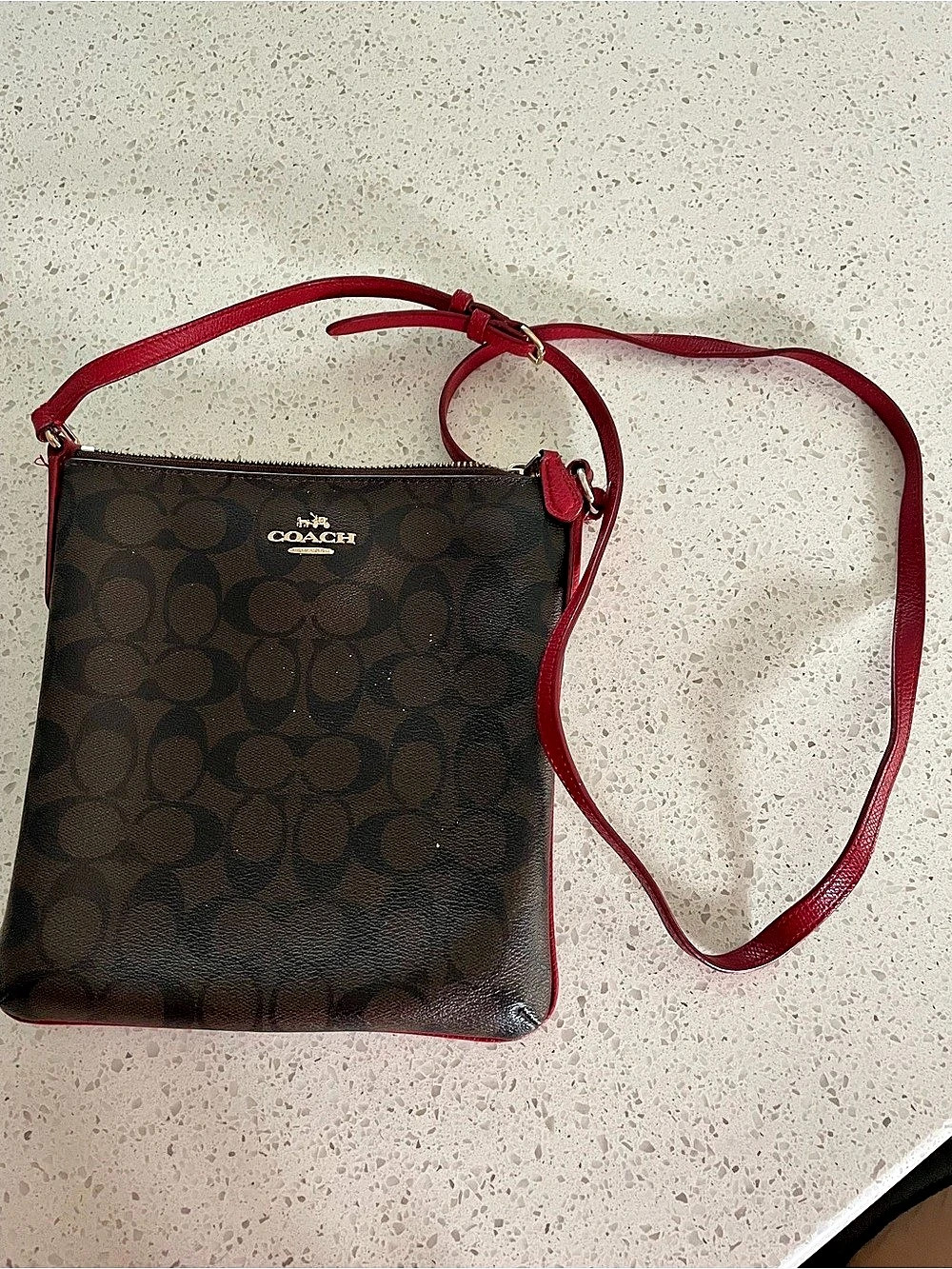 Coach Signature North/South Crossbody Brown & Red Crossbody Bag